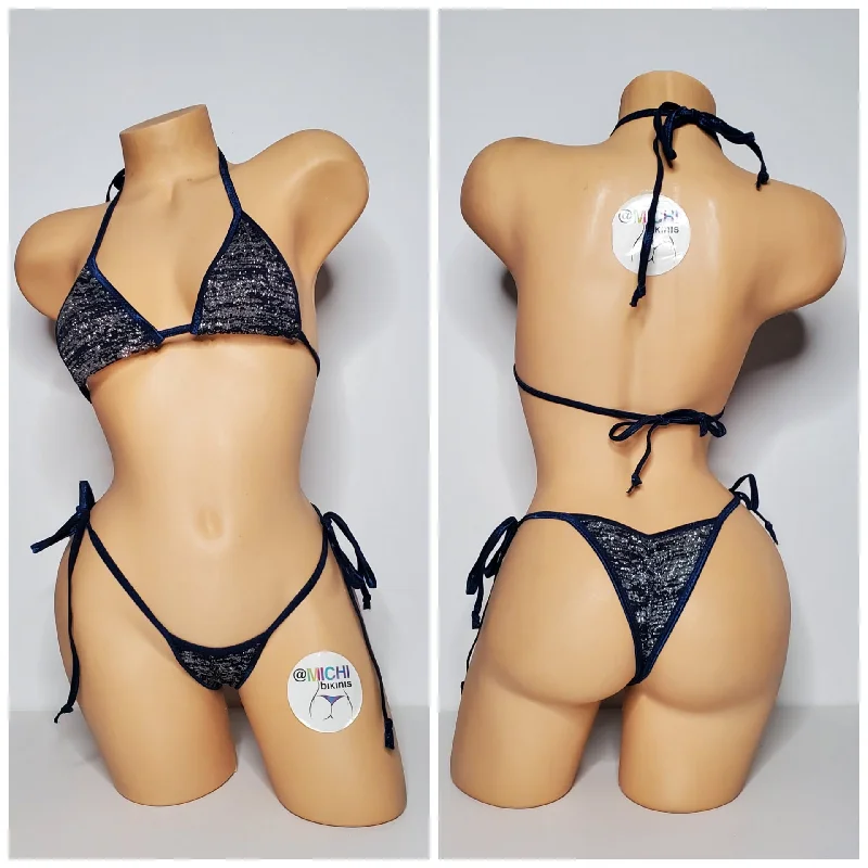 1 of a KIND LIMITED EDITION Navy w/ Silver Glitter w Navy Trim Medium Coverage Top Scrunch Butt Bottoms String Bikini Set One Size