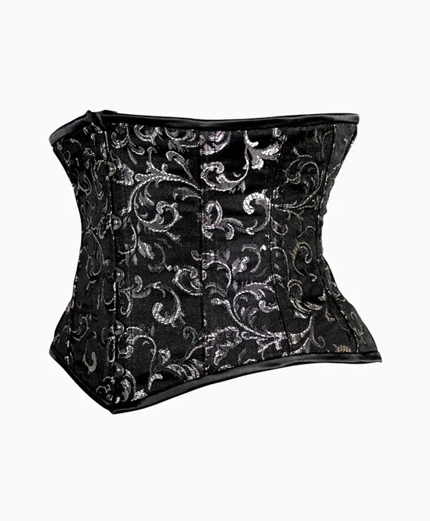 Alluring Underbust Corset in Black and Silver Brocade