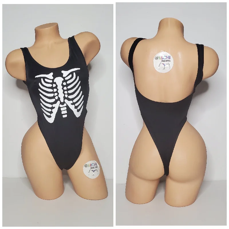 Black with White Ribcage Skeleton Design with Black Trim 1 Piece Bodysuit Size SMALL