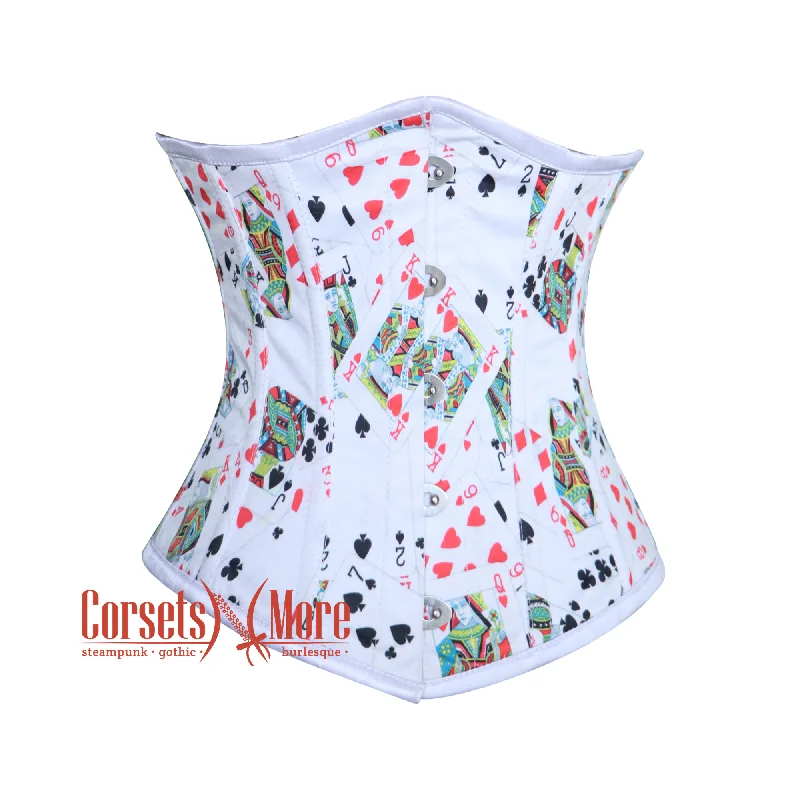 Plus Size Playing Cards Printed White Satin Corset Gothic Costume Underbust Top