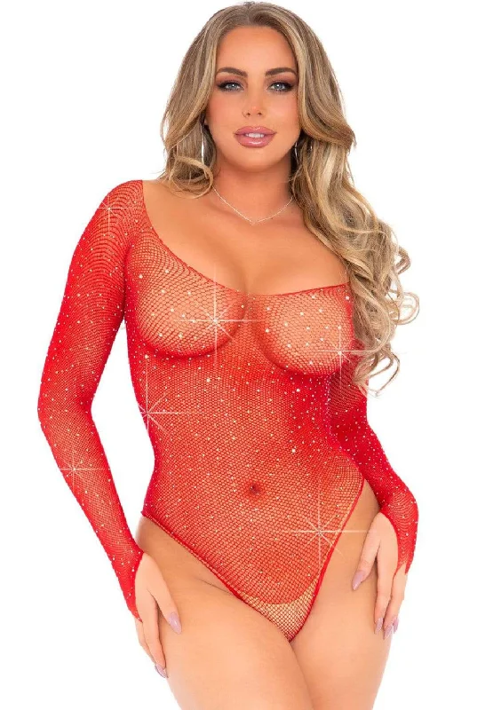 Crystalized Long Sleeve Fishnet Thong Back Bodysuit - One Size - Red