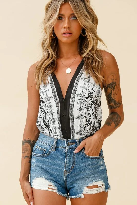 Get Loud Button Front Open Back Bodysuit Paisley Print Black