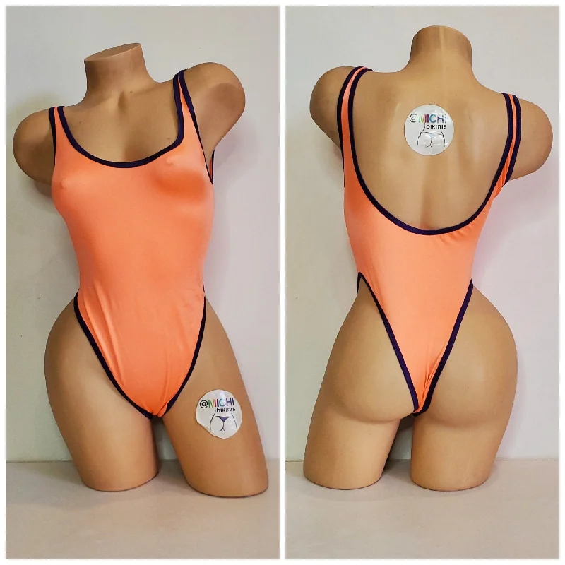 Neon Peach with Purple Trim 1 Piece Bodysuit Size SMALL