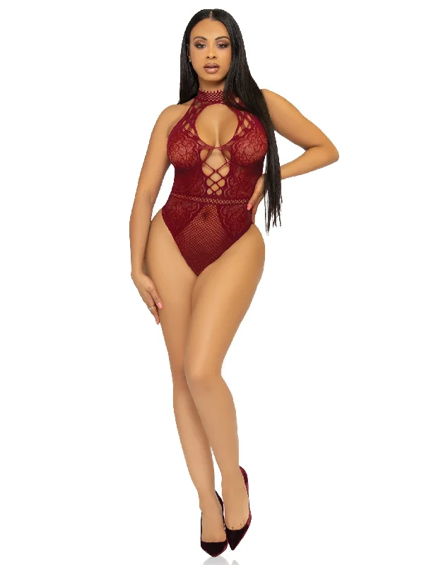 Net and Lace Keyhole Halter Bodysuit - One Size -  Burgundy