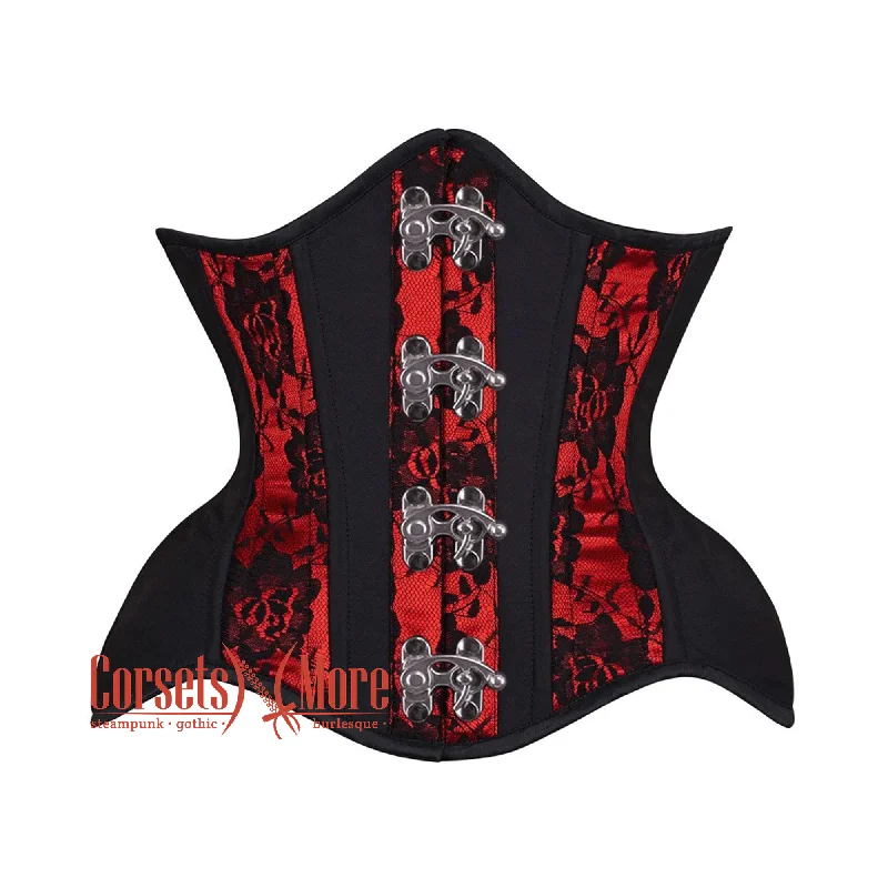 Plus Size Black Cotton Red Satin Net Overlay Stripe Front Clasps Steampunk Underbust Corset