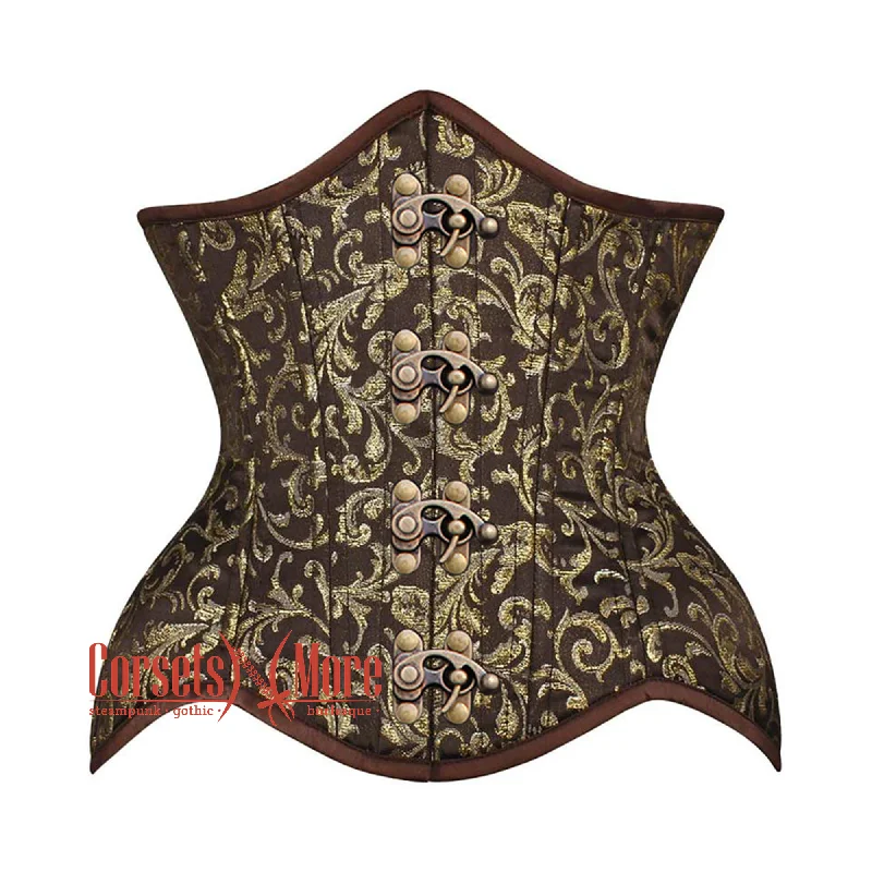 Plus Size Brown And Golden Brocade Front Clasps Double Bone Steampunk Gothic Waist Training Underbust Corset