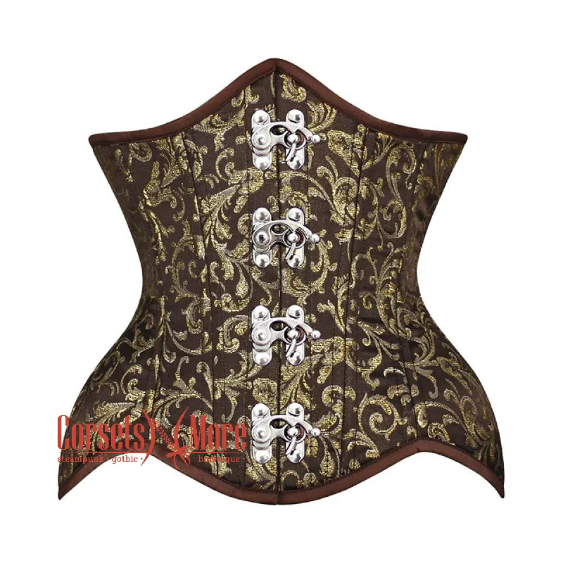 Plus Size Brown And Golden Brocade Silver Clasps Double Bone Steampunk Gothic Waist Training Underbust Corset