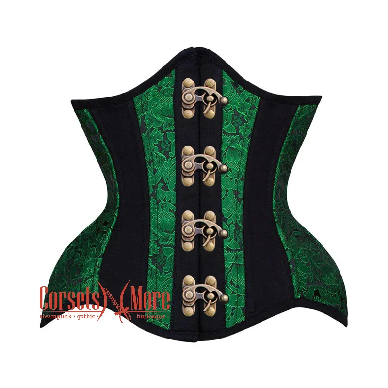 Plus Size Green Black Brocade Black Cotton Stripe Antique Clasps Steampunk Underbust Corset