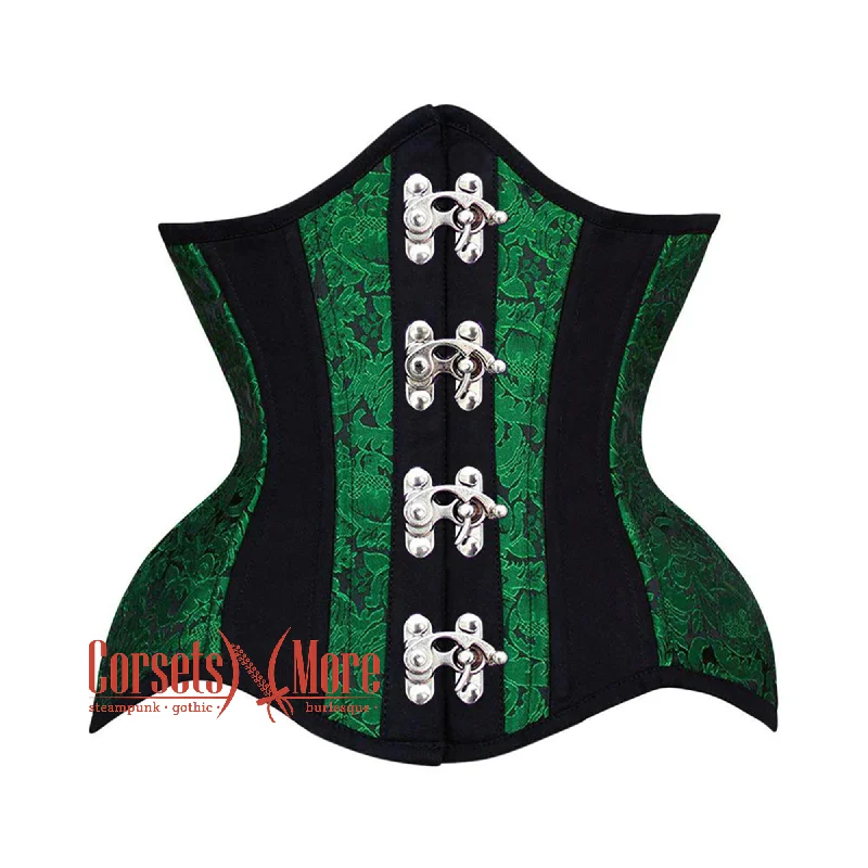 Plus Size Green Black Brocade Black Cotton Stripe Front Clasps Steampunk Underbust Corset