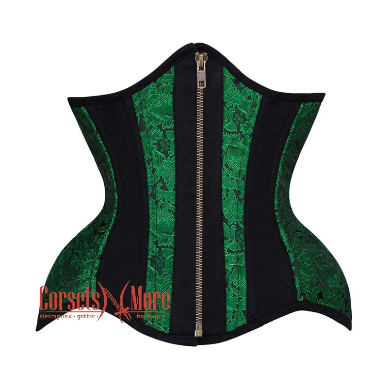 Plus Size Green Black Brocade Black Cotton Stripe Front Zipper Steampunk Underbust Corset