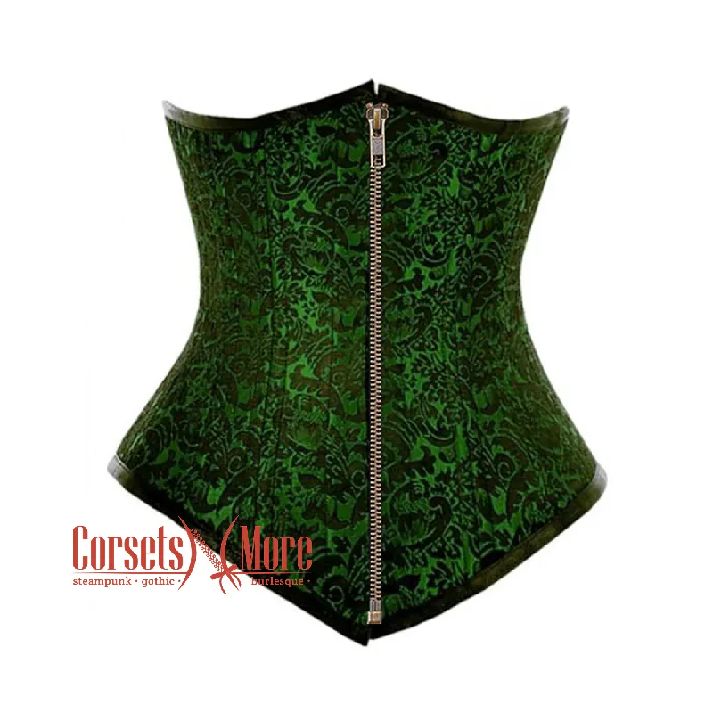 Plus Size Green And Black Brocade Double Boned Antique Zipper Waist Training Underbust Gothic Corset Bustier Top