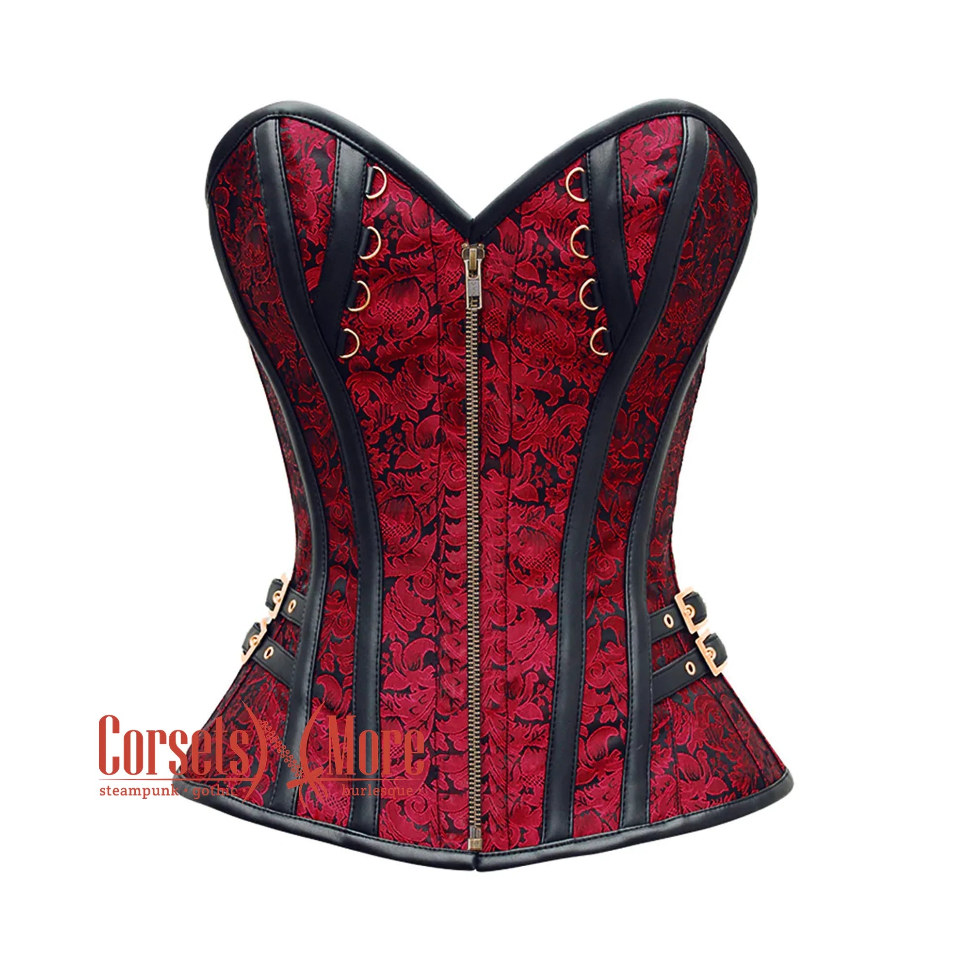 Plus Size Red And Black Brocade Front Zipper Steampunk Costume Gothic Corset Overbust Top