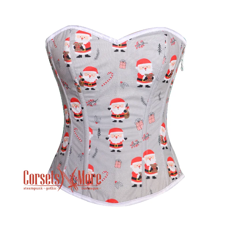 Plus Size Santa Claus Printed Gray Cotton Overbust Corset Burlesque Christmas Costume