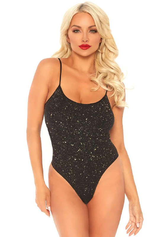 Shimmer Lurex Opaque Thong Back Bodysuit - Black/gold - One Size