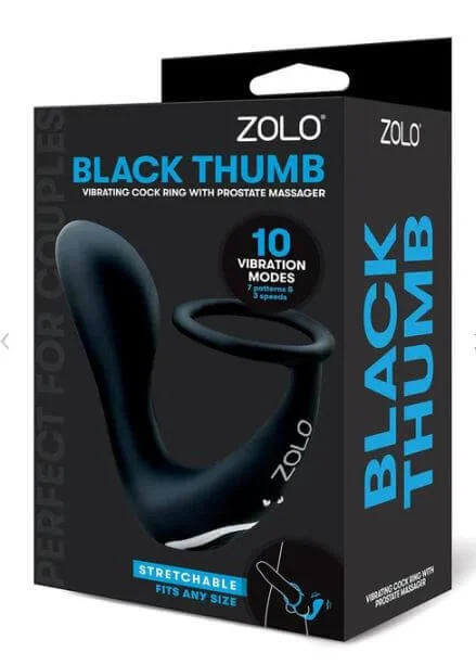 ZOLO Black Thumb Vibrating C-Ring with Prostate Massager – 10 Vibration Modes