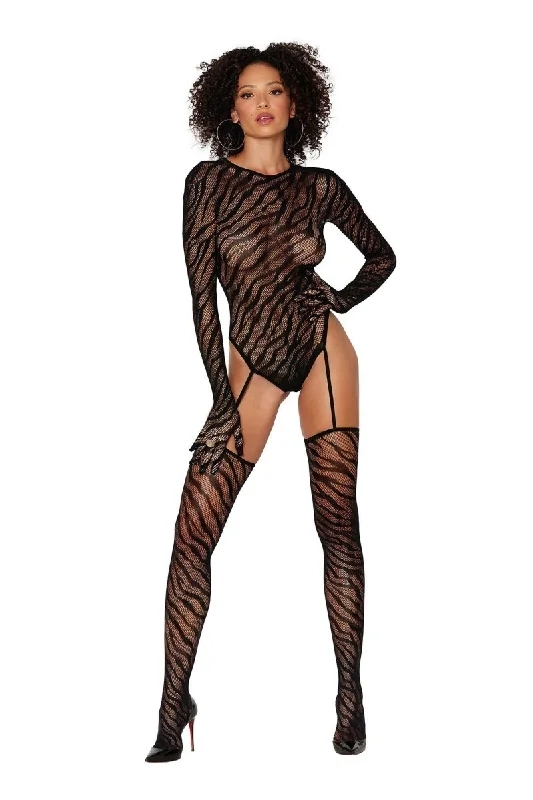 Teddy Bodystocking With Fingered Gloves - Size - Black