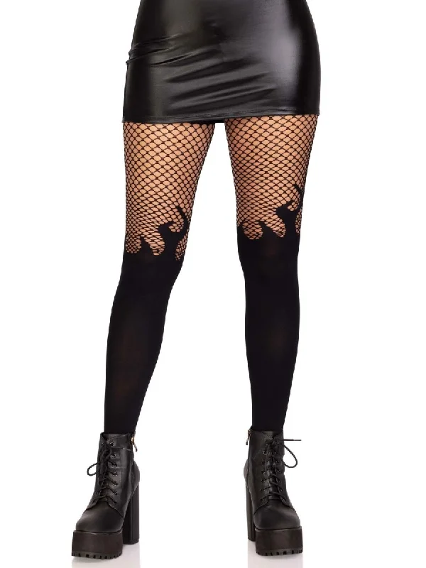 Opaque Flame Tights With Fishnet Top - One Size