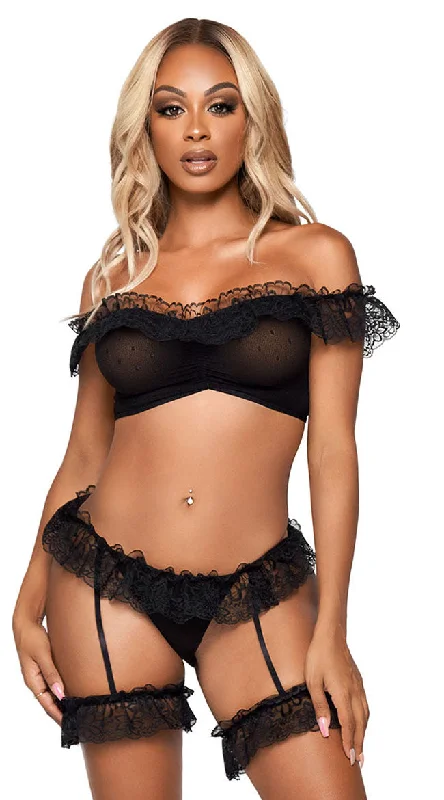 Ruffled Femininity Crotchless Bra Set